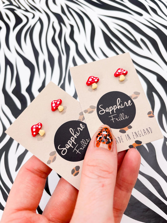 Mini Red and White Mushroom Stud Earrings from Sapphire Frills
