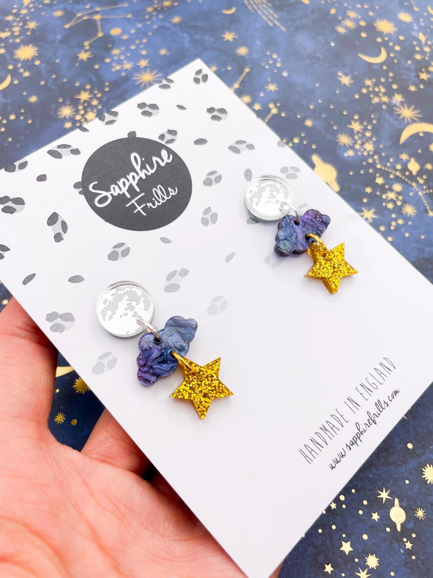 Night Sky Marble, Silver & Gold Glitter Acrylic Full Moon, Cloud and Star Dangle Earrings from Sapphire Frills