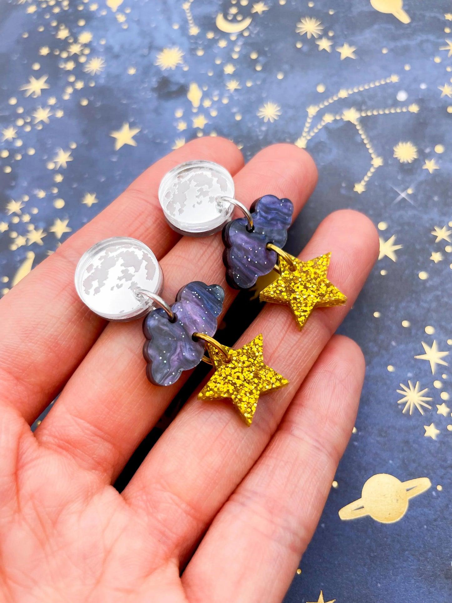 Night Sky Marble, Silver & Gold Glitter Acrylic Full Moon, Cloud and Star Dangle Earrings from Sapphire Frills