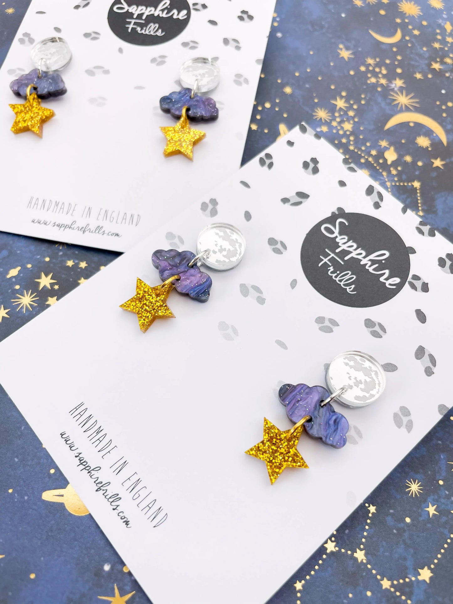 Night Sky Marble, Silver & Gold Glitter Acrylic Full Moon, Cloud and Star Dangle Earrings from Sapphire Frills