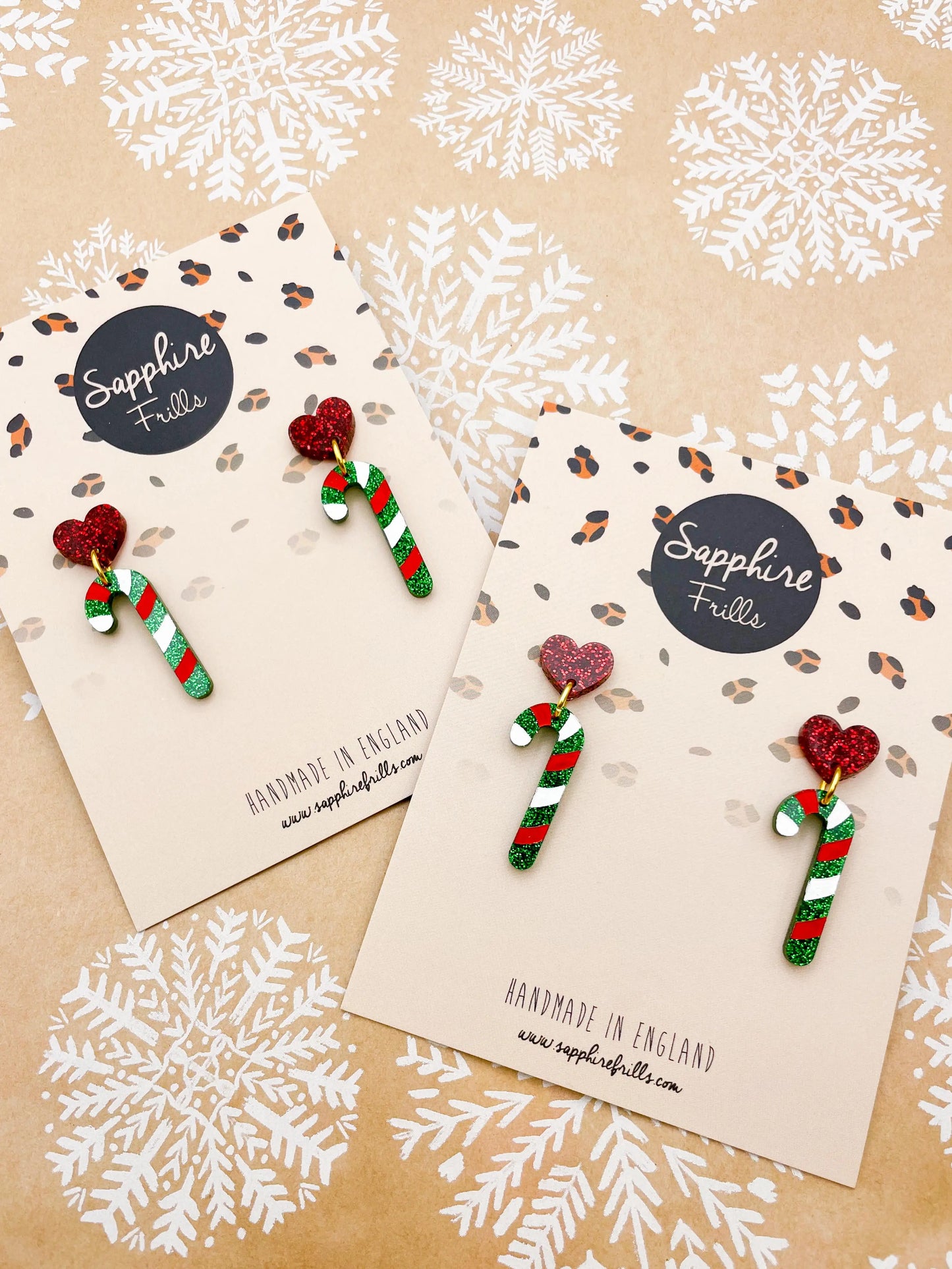Red and Green Glitter Acrylic Heart and Candy Cane Dangle Earrings from Sapphire Frills