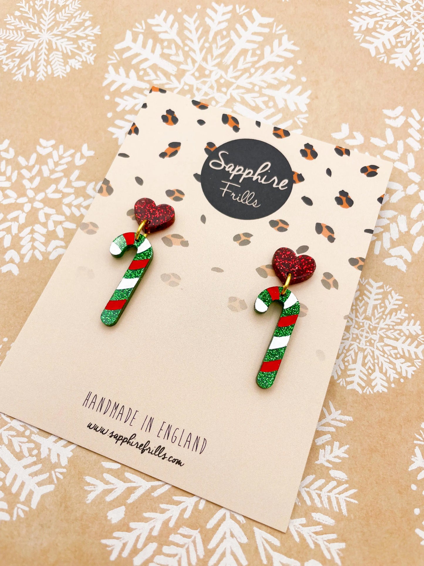 Red and Green Glitter Acrylic Heart and Candy Cane Dangle Earrings from Sapphire Frills