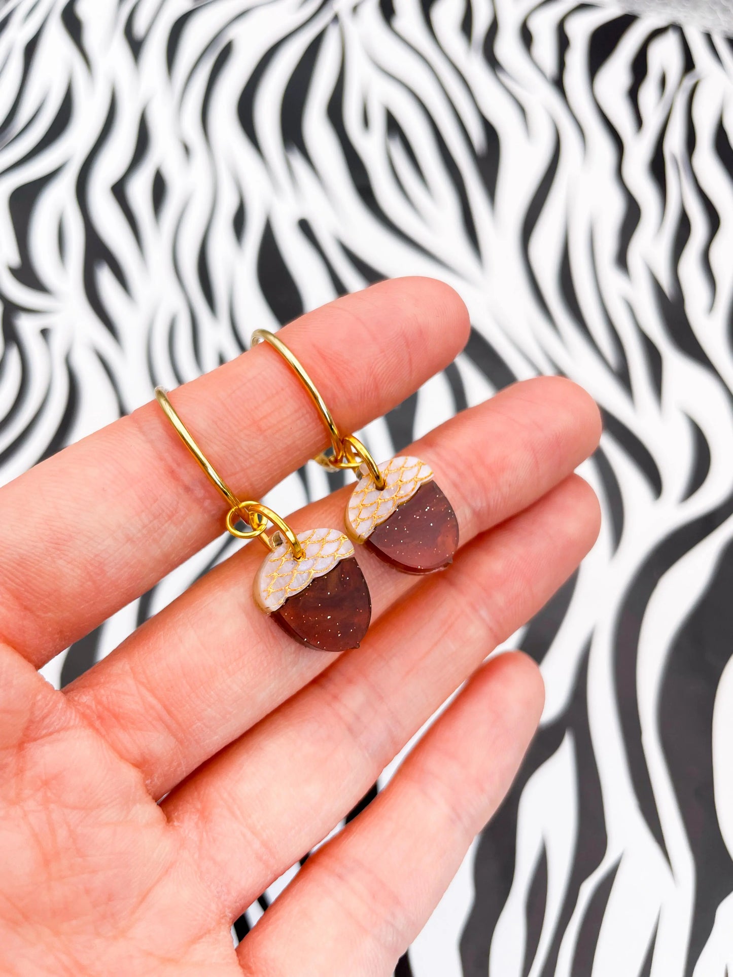 Small Brown, Gold and Beige Marble Acrylic Acorn Dangle Earrings from Sapphire Frills