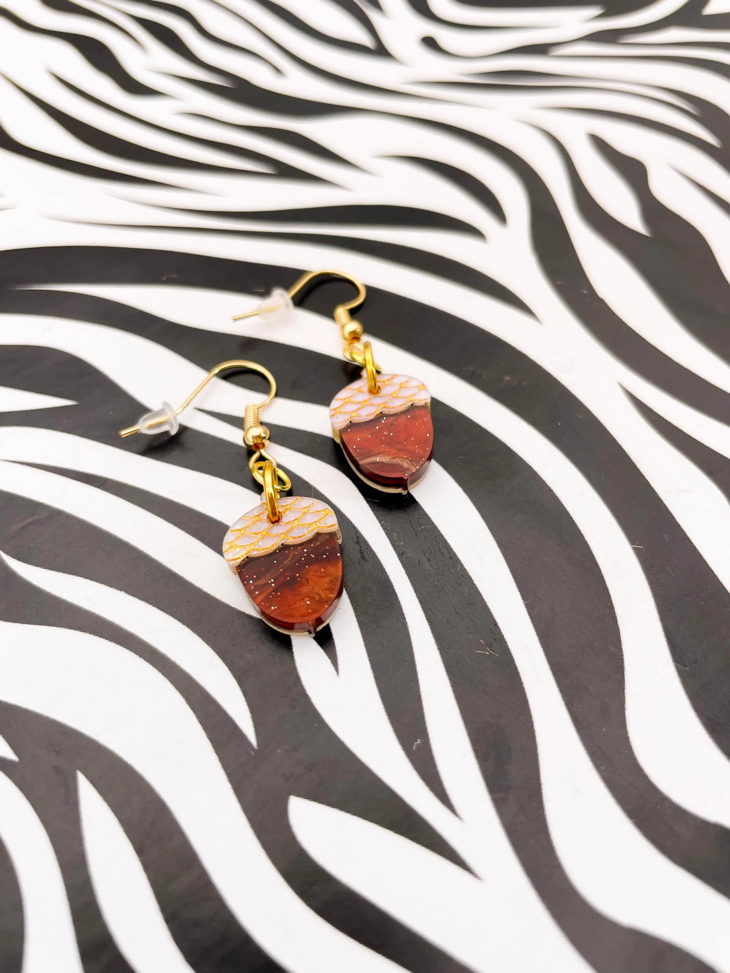 Small Brown, Gold and Beige Marble Acrylic Acorn Dangle Earrings from Sapphire Frills