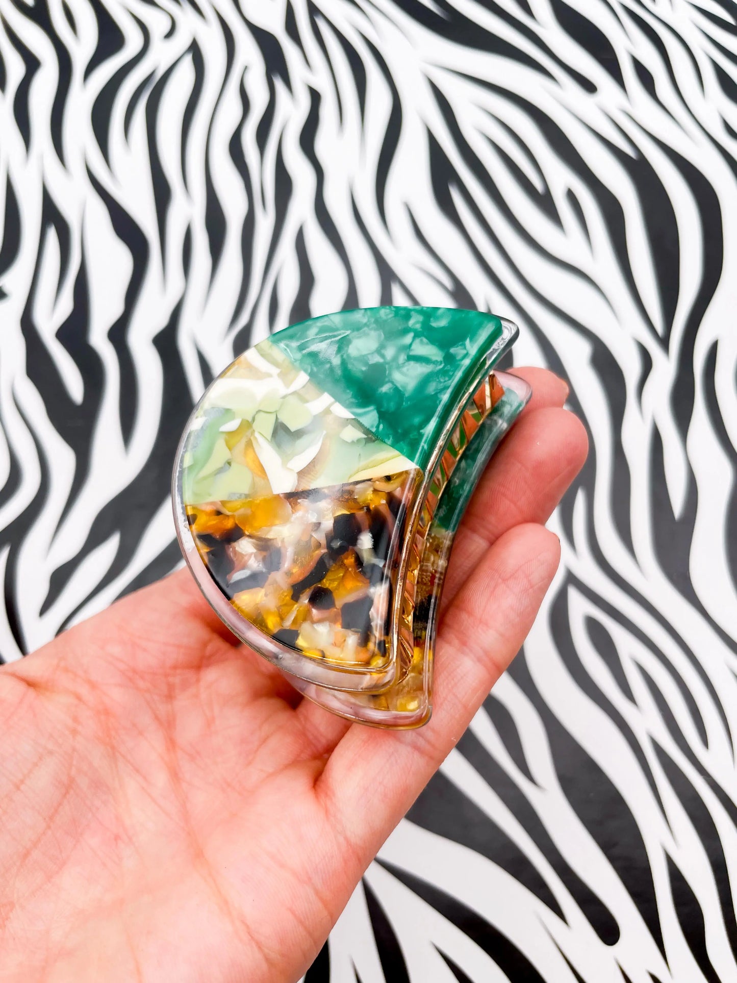 Small Green and Tortoise Shell Abstract Claw Hair Clip from Sapphire Frills