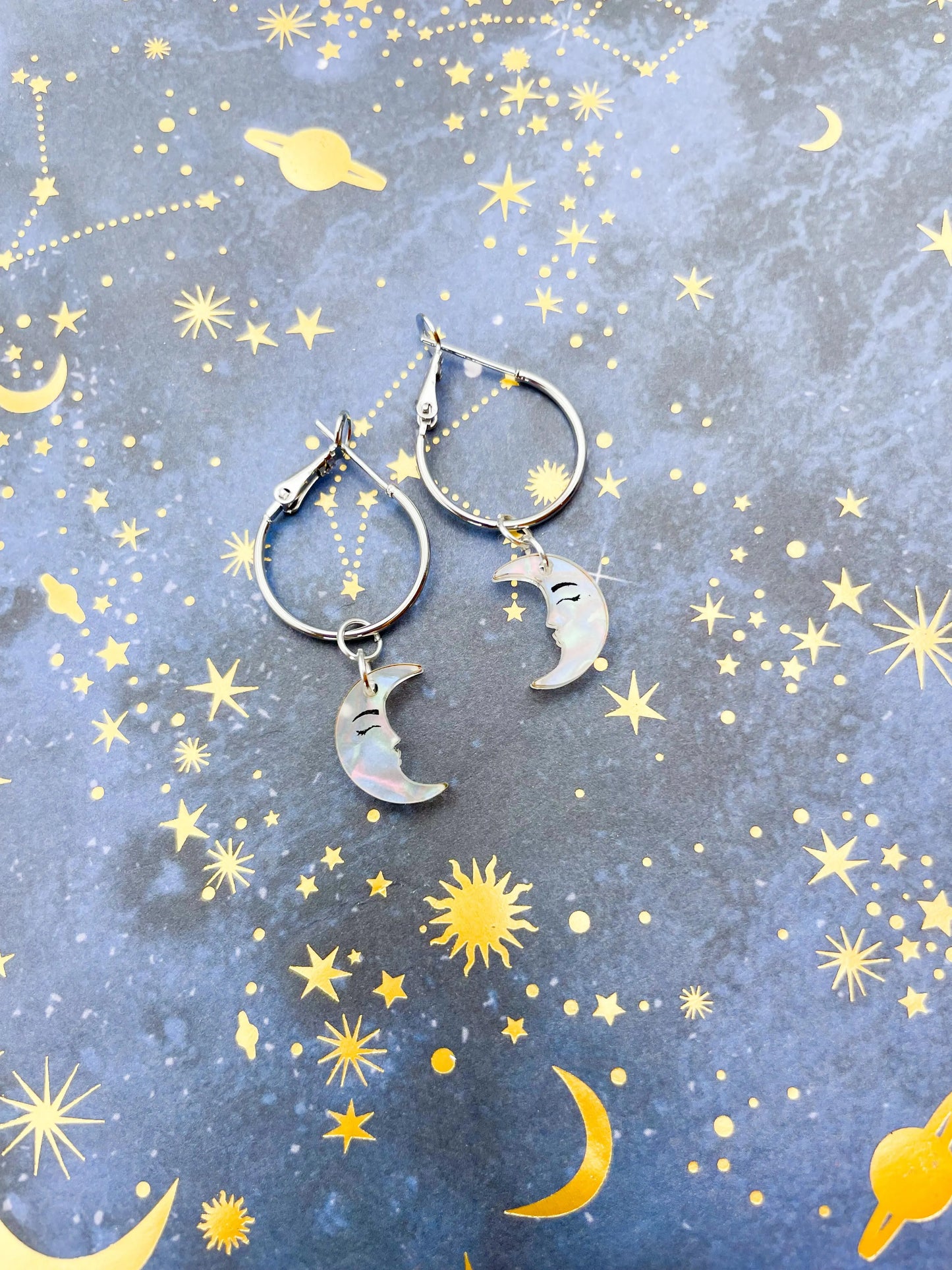 Small Iridescent Pearl Marble Acrylic Moon Face Dangle Earrings from Sapphire Frills