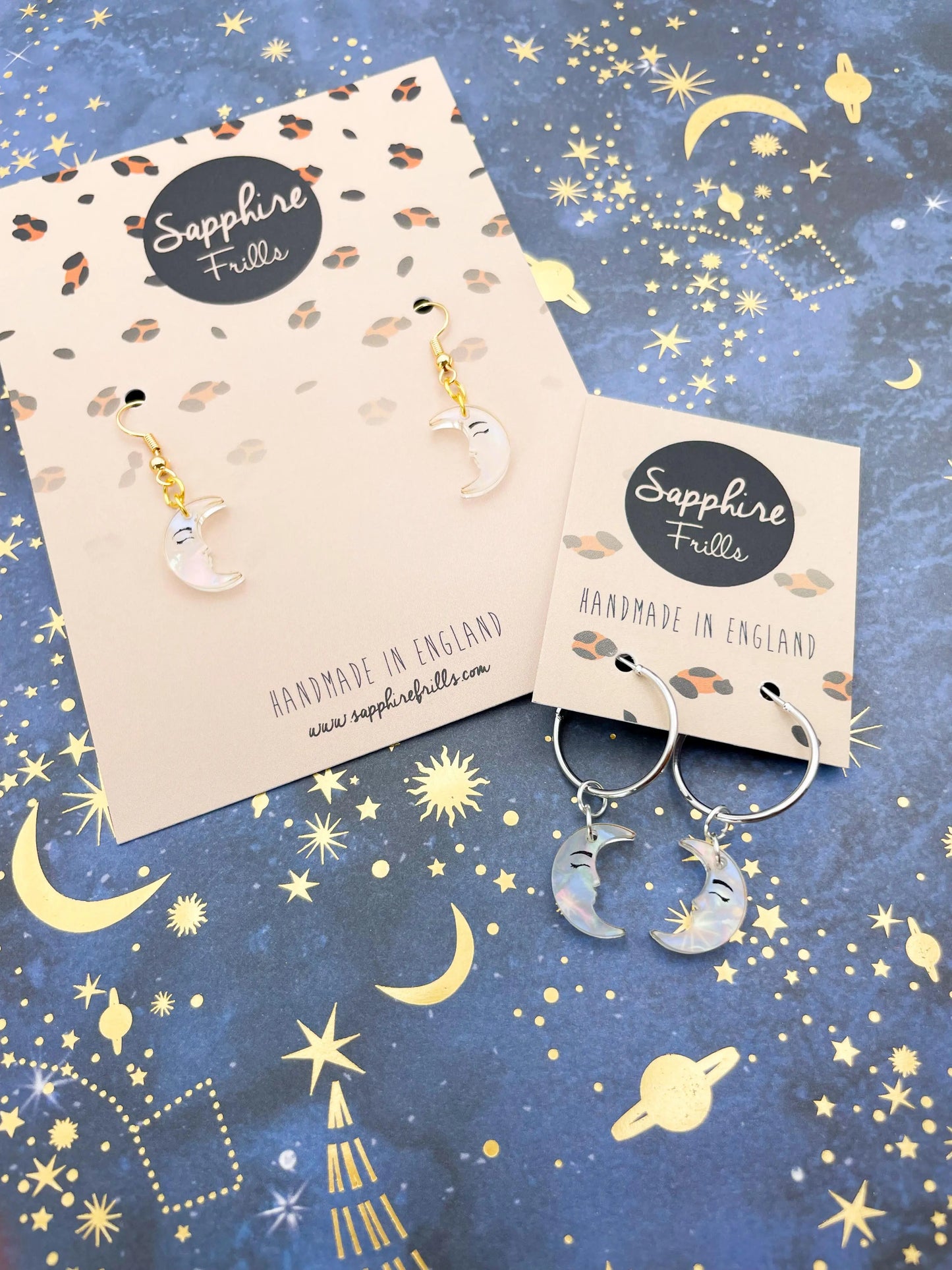 Small Iridescent Pearl Marble Acrylic Moon Face Dangle Earrings from Sapphire Frills