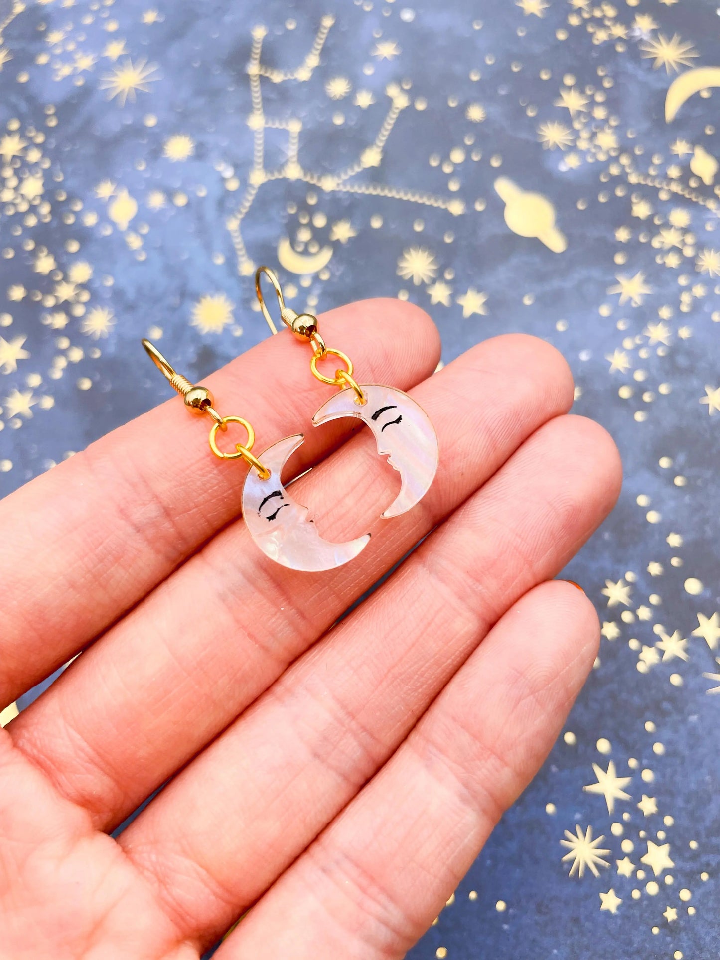 Small Iridescent Pearl Marble Acrylic Moon Face Dangle Earrings from Sapphire Frills