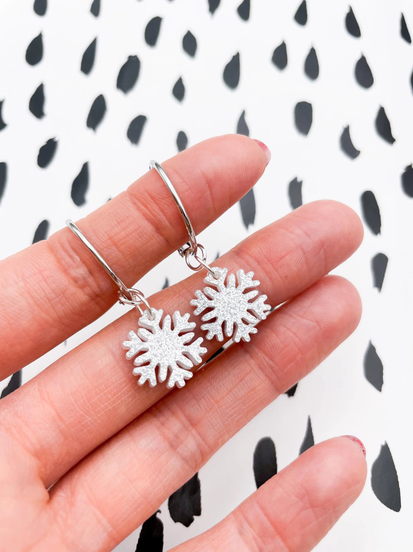 Small Silver Glitter Acrylic Snowflake Dangle Earrings from Sapphire Frills