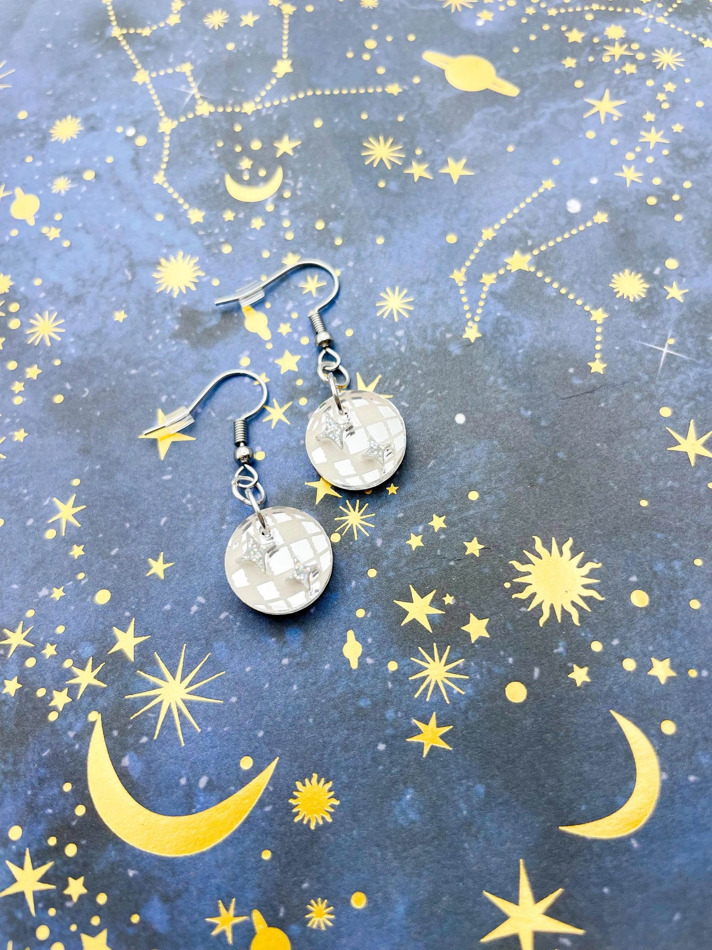 Small Silver Mirror and Holographic Silver Glitter Acrylic Disco Ball Dangle Earrings from Sapphire Frills