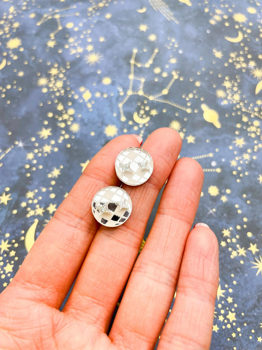 Small Silver Mirror and Holographic Silver Glitter Acrylic Disco Ball Stud Earrings from Sapphire Frills