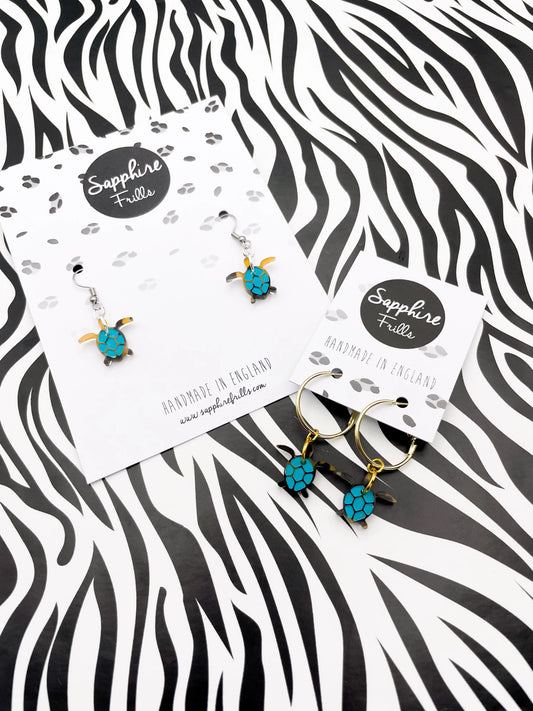 Small Turquoise and Tortoise Shell Acrylic Turtle Dangle Earrings from Sapphire Frills