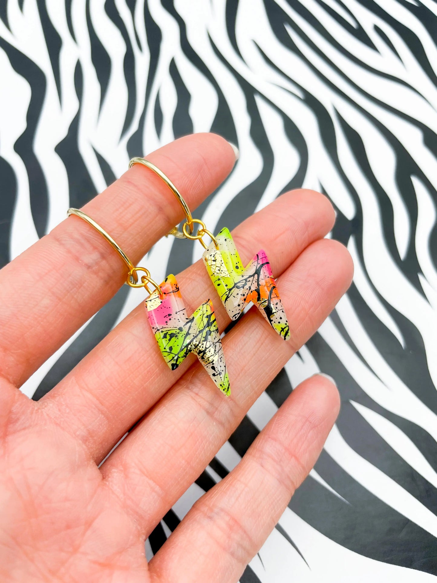 Translucent Neon and Gold Foil Black Splatter Small Lightning Bolt Dangles from Sapphire Frills