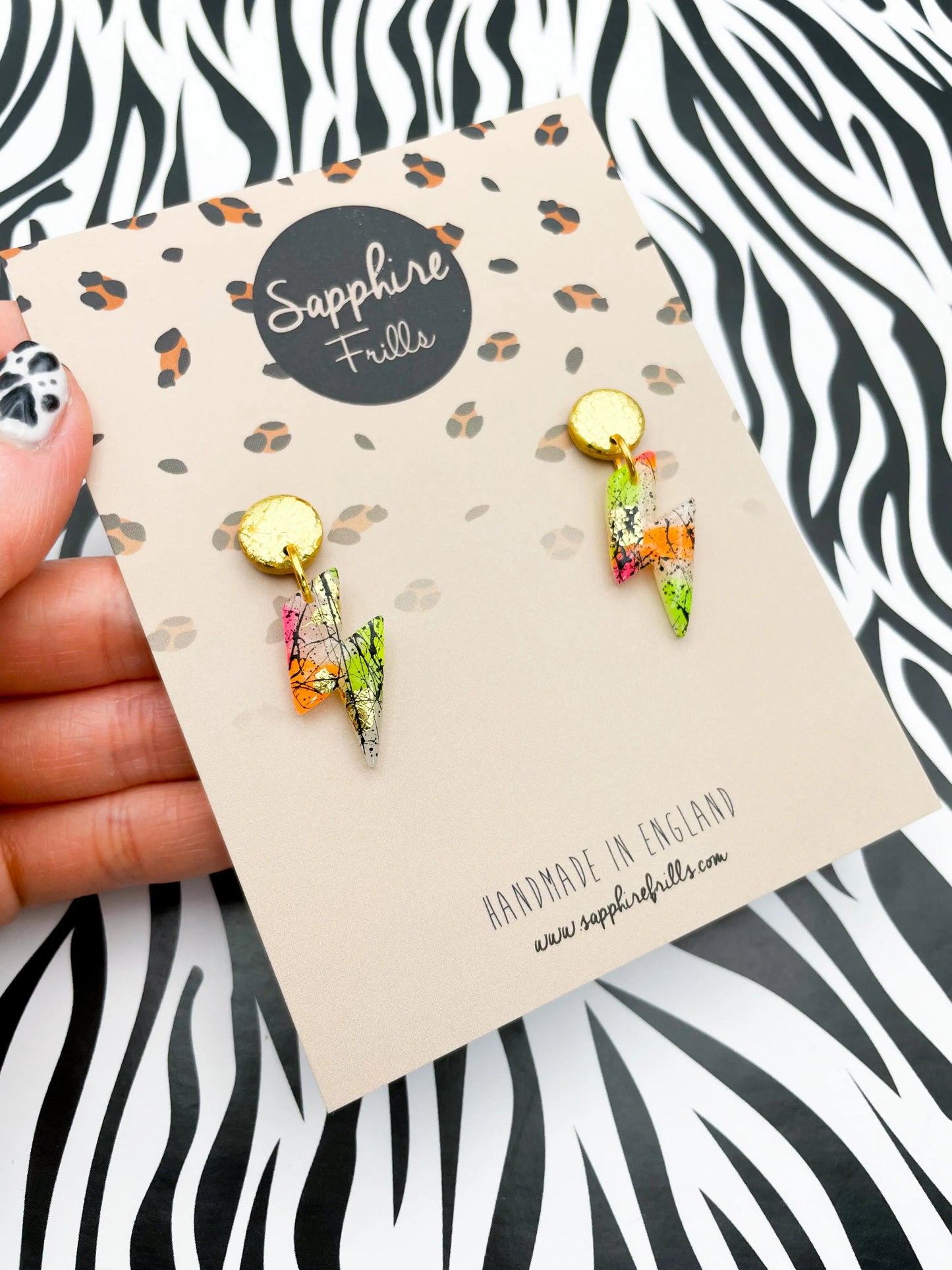 Translucent Neon and Gold Foil Black Splatter Small Lightning Bolt Dangles from Sapphire Frills