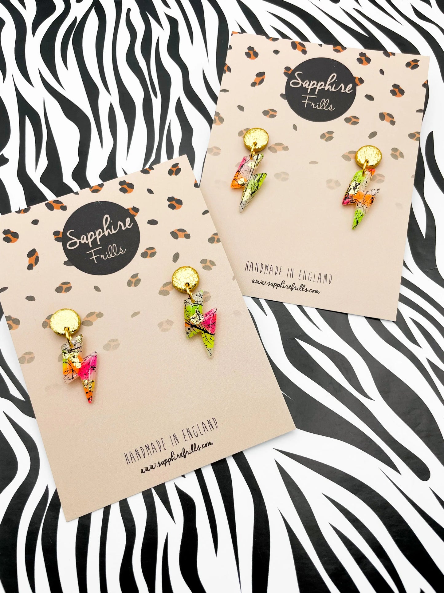 Translucent Neon and Gold Foil Black Splatter Small Lightning Bolt Dangles from Sapphire Frills