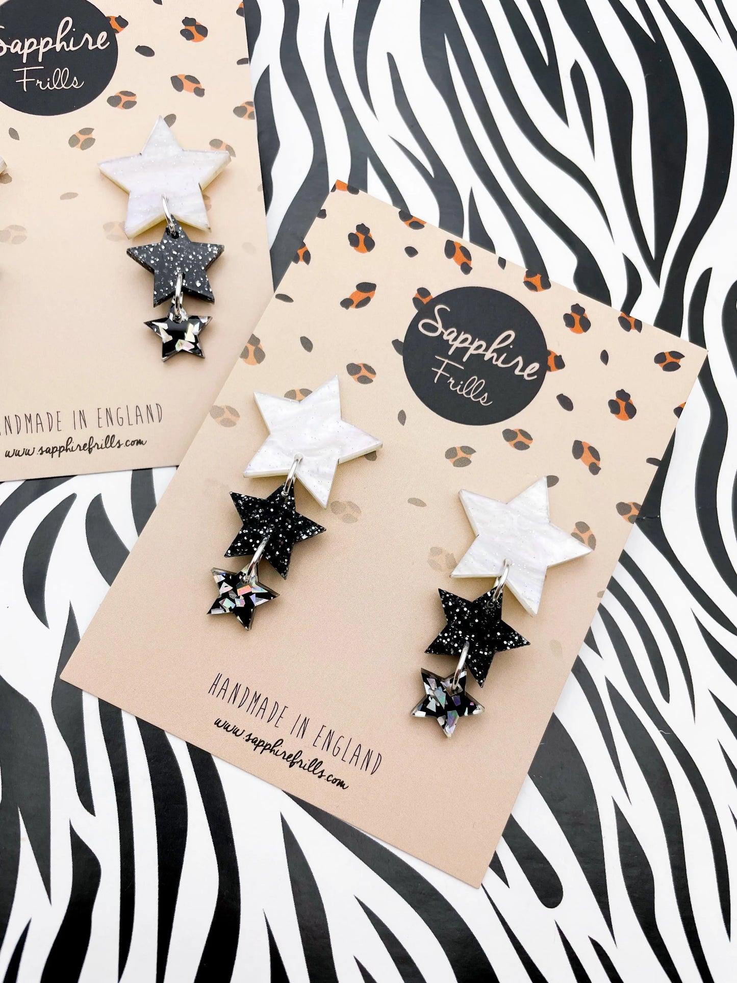 White Marble, Charcoal and Silver Holographic Glitter Acrylic Star Trio Dangle Earrings from Sapphire Frills