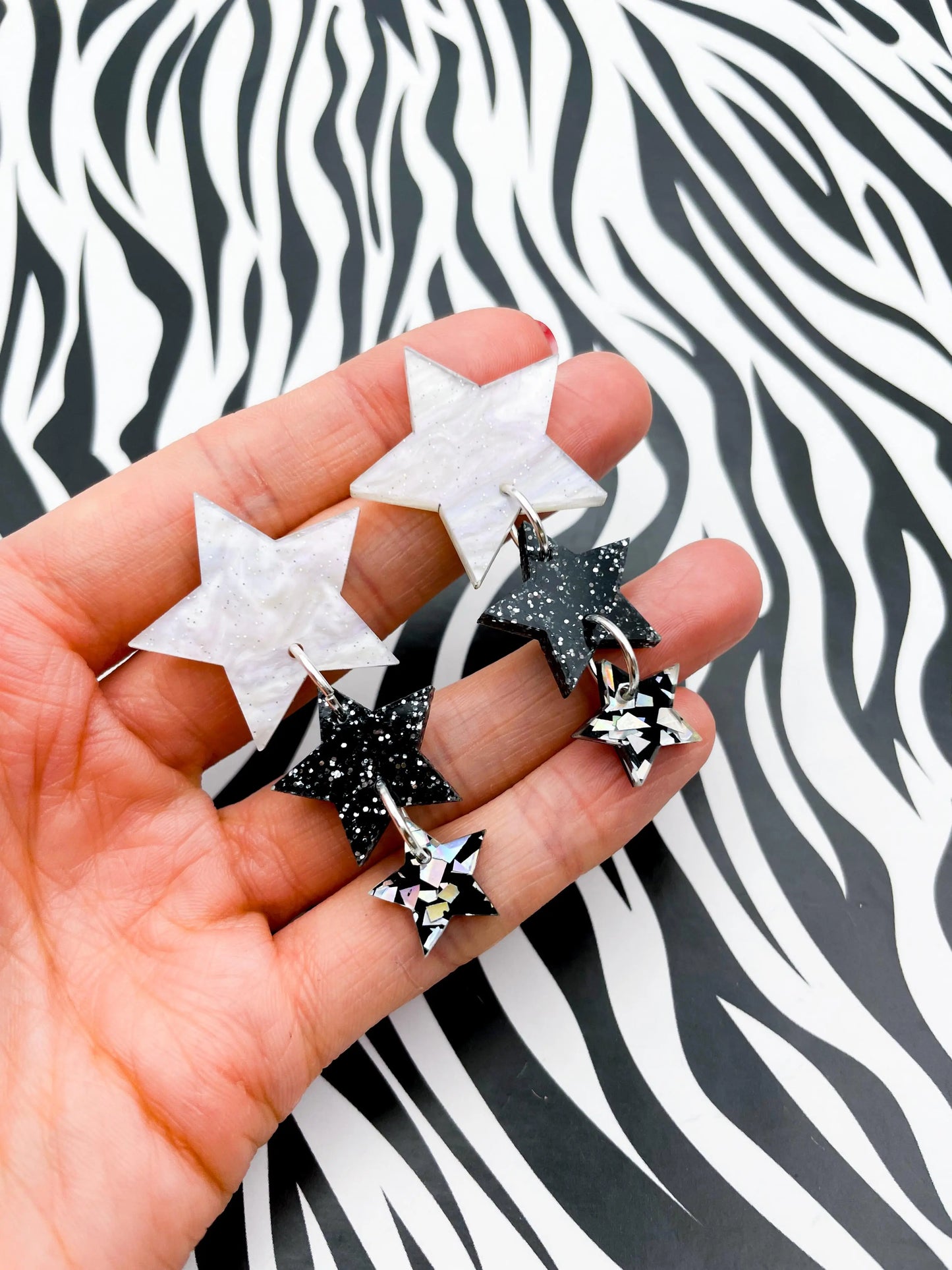 White Marble, Charcoal and Silver Holographic Glitter Acrylic Star Trio Dangle Earrings from Sapphire Frills