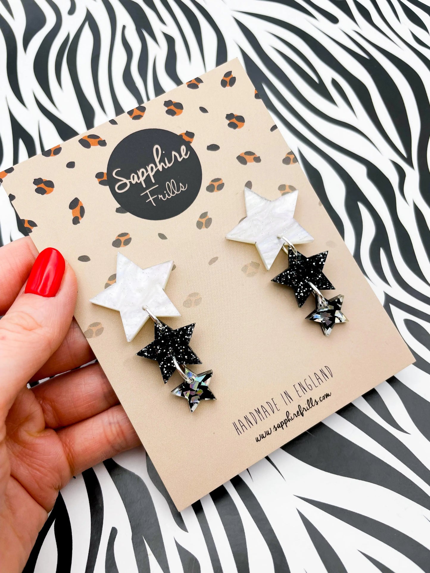 White Marble, Charcoal and Silver Holographic Glitter Acrylic Star Trio Dangle Earrings from Sapphire Frills