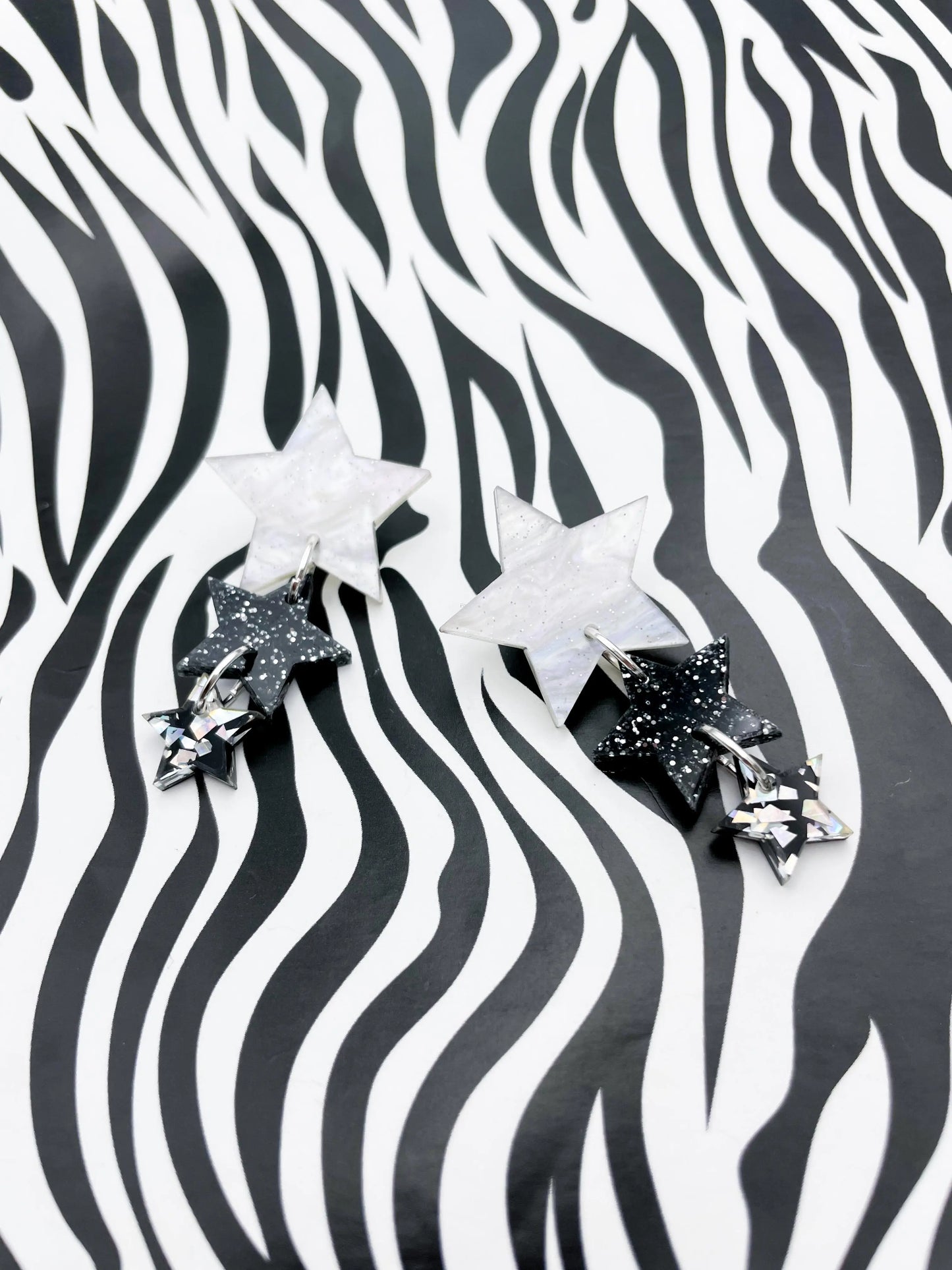 White Marble, Charcoal and Silver Holographic Glitter Acrylic Star Trio Dangle Earrings from Sapphire Frills
