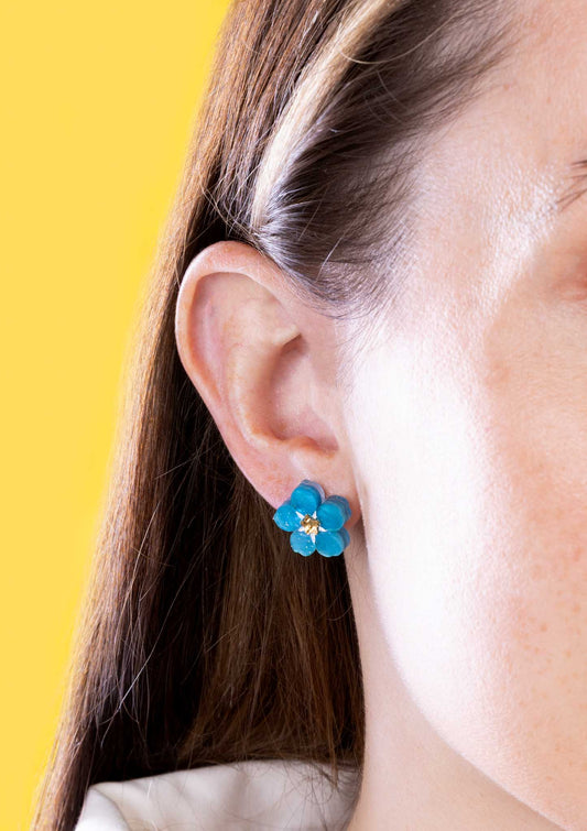 Small Sky Blue Glitter Marble Flower Stud Earrings – Forget Me Not – Hypoallergenic Stainless Steel
