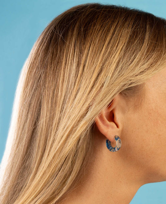 Medium Ocean Blue Ink Marble Acrylic Circle Hoops – Hypoallergenic Stainless Steel