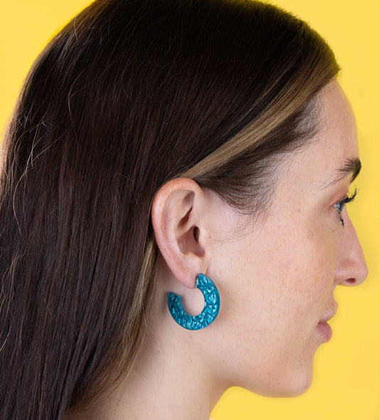 Large Cyan Sea Marble Acrylic Circle Hoops – Hypoallergenic Stainless Steel
