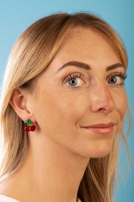 Medium Deep Red Marble Acrylic Cherry Stud Earrings – Hypoallergenic Stainless Steel