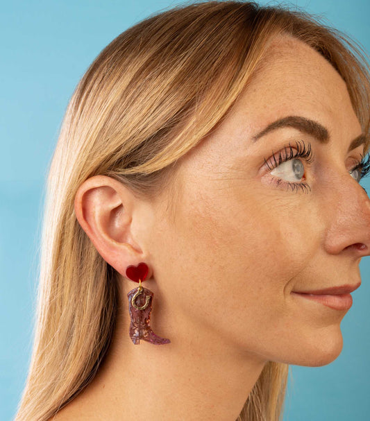 Deep Red and Brown Glitter Marble Heart and Cowboy Boots Dangle Earrings – Hypoallergenic Stainless Steel