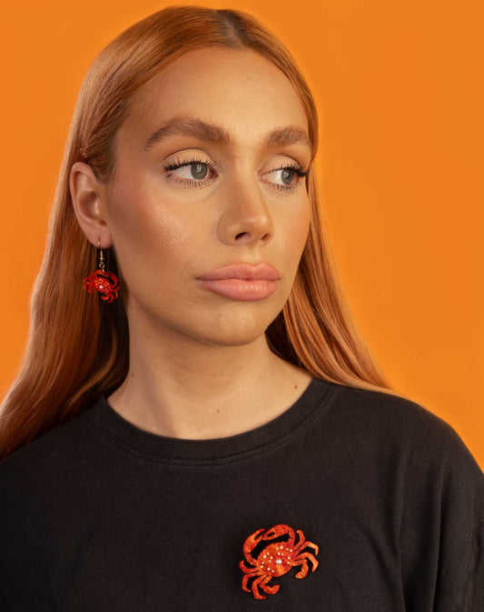 Medium Bright Orange Crab with Pearl Dangle Earrings or Necklace – Hypoallergenic Stainless Steel