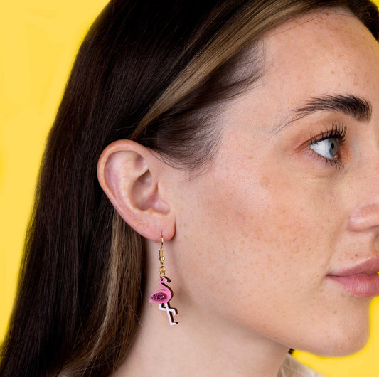 Medium Hot Pink Glitter Flamingo Acrylic and Wood Dangle Earrings or Necklace – Hypoallergenic Stainless Steel
