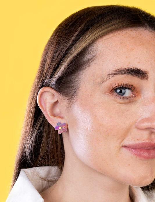 Small Rainbow Glitter Marble Flower Stud Earrings – Hypoallergenic Stainless Steel