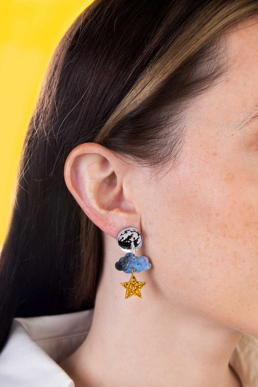 Night Sky Marble, Silver & Gold Glitter Acrylic Full Moon, Cloud and Star Dangle Earrings – Hypoallergenic Stainless Steel