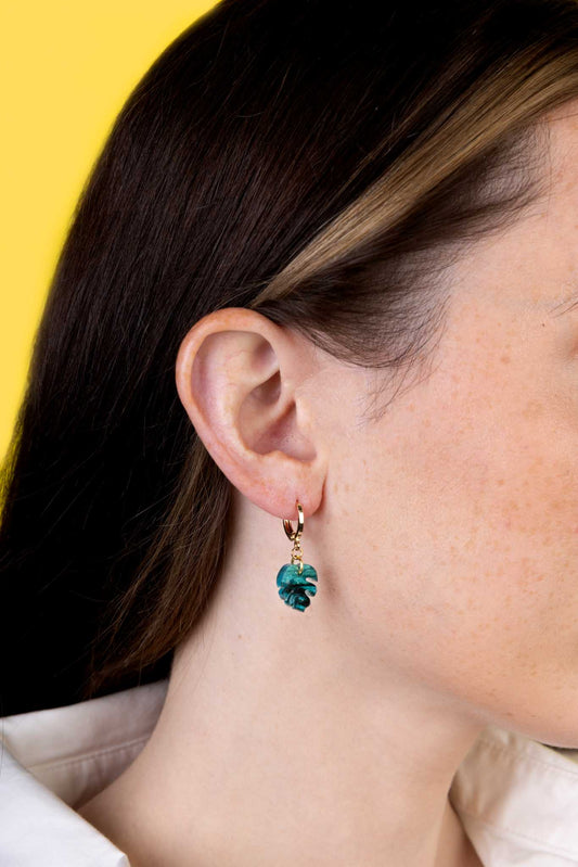 Mini Green and Black Galaxy Glitter Marble Acrylic Monstera Leaf Dangle Earrings or Necklace – Hypoallergenic Stainless Steel