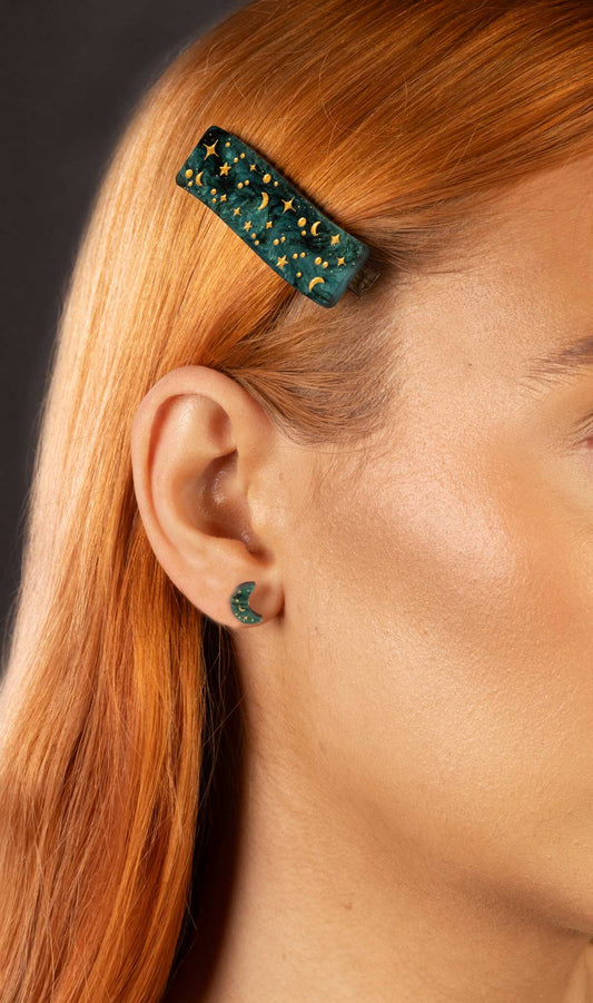Mini Dark Emerald Green Glitter Marble and Gold Starry Acrylic Mismatch Star and Moon Studs – Hypoallergenic Stainless Steel