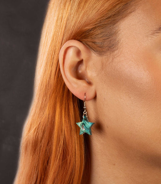 Medium Teal and Silver Glitter Mismatch Star and Moon Dangle Earrings or Necklace – Hypoallergenic Stainless Steel