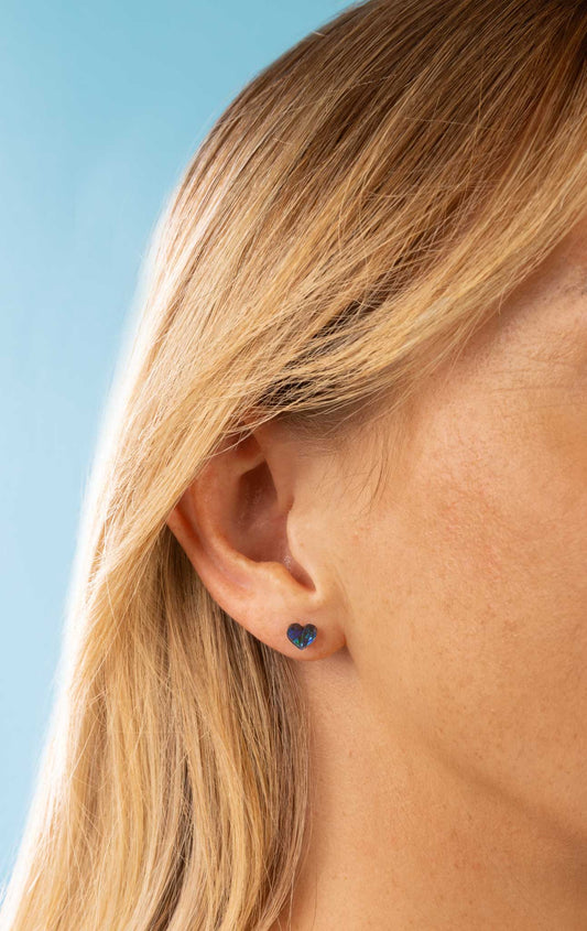 Micro Blue and Green Iridescent Bubble Heart Acrylic Stud Earrings – Hypoallergenic Stainless Steel