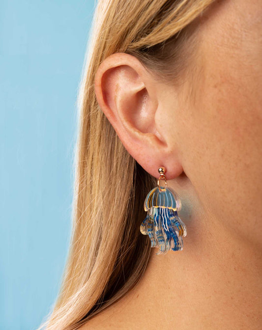Iridescent Blue and Ocean Ink Marble Jellyfish Acrylic Dangle Earrings or Necklace – Hypoallergenic Stainless Steel
