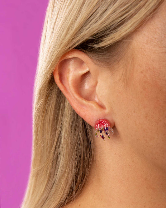 Small Hot Pink Marble and Confetti Acrylic Jellyfish Stud Earrings – Hypoallergenic Stainless Steel