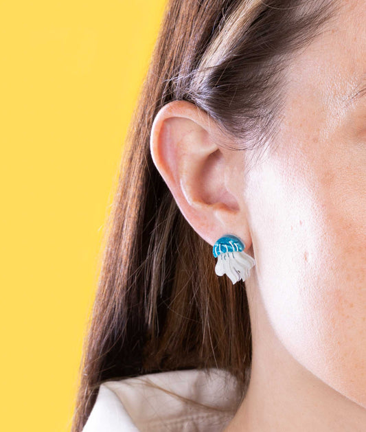 Small Cyan Marble Acrylic Jellyfish Stud Earrings – Hypoallergenic Stainless Steel