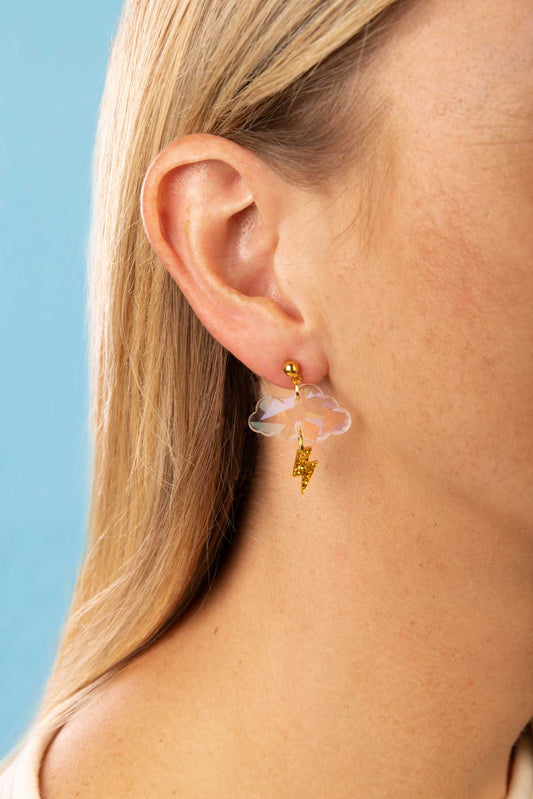 Iridescent Rainbow and Gold Glitter April Storms Small Cloud & Bolt Dangle Earrings or Necklace – Hypoallergenic Stainless Steel
