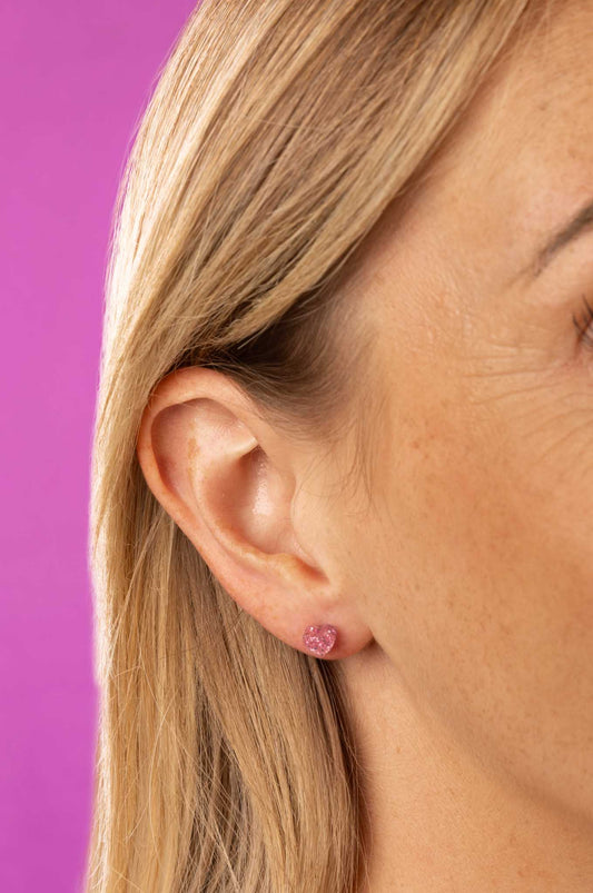 Micro Bubblegum Pink Glitter Acrylic Heart Stud Earrings – Hypoallergenic Stainless Steel