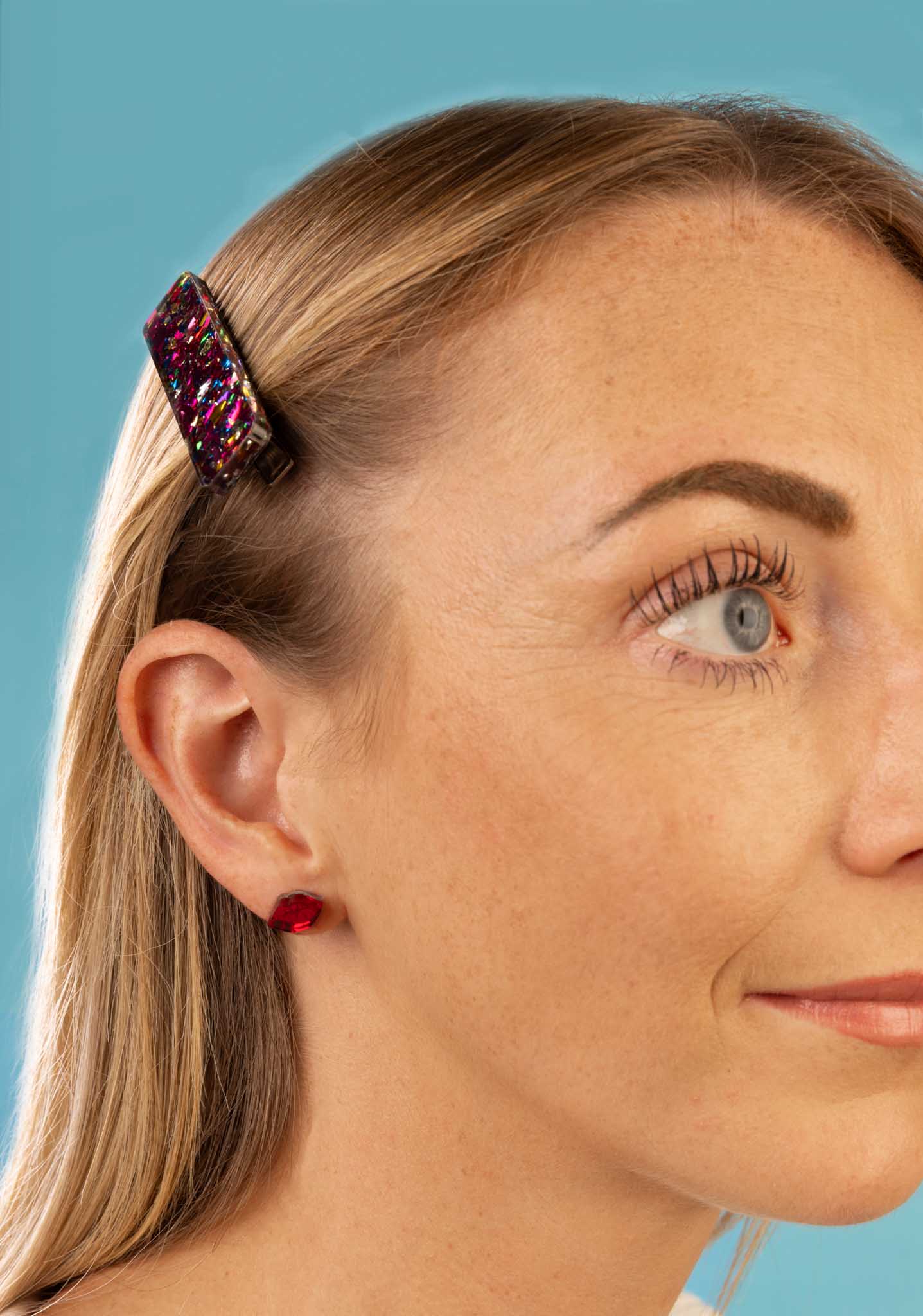 Pink Rainbow Foil Confetti Rectangle Acrylic Hair Clip