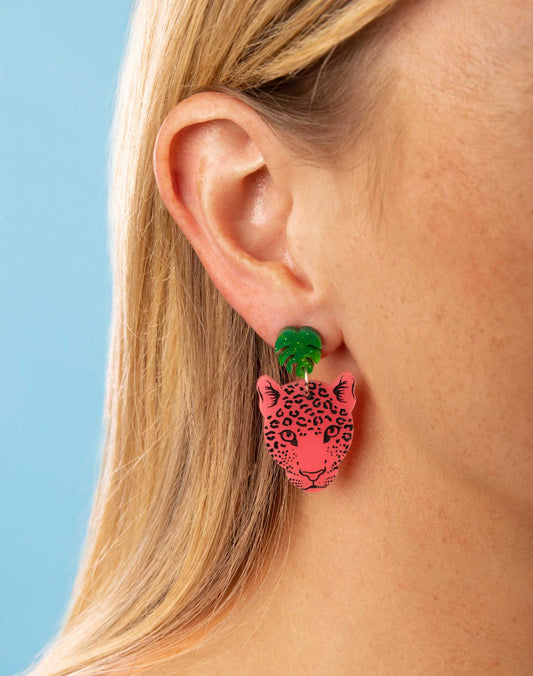 Green Marble and Neon Pink Acrylic Monstera Leaf & Leopard Face Dangle Earrings – Hypoallergenic Stainless Steel
