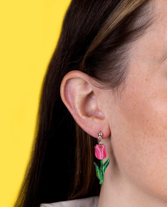 Hot Pink and Green Glitter Marble Acrylic Tulip Dangle Earrings or Necklace – Hypoallergenic Stainless Steel
