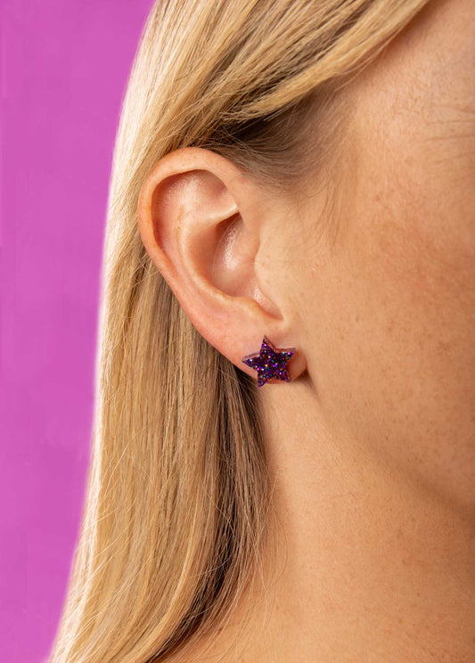 Small Grape Glitter Acrylic Mismatch Star and Moon Stud Earrings – Hypoallergenic Stainless Steel