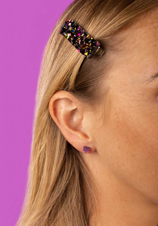 Micro Mauve Purple Glitter Acrylic Heart Stud Earrings – Hypoallergenic Stainless Steel