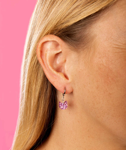 Mini Lilac and Pink Glitter Marble Cat Head Dangle Earrings or Necklace – Hypoallergenic Stainless Steel