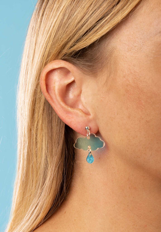 Iridescent Blue and Baby Blue Marble April Showers Small Cloud Dangle Earrings or Necklace – Hypoallergenic Stainless Steel