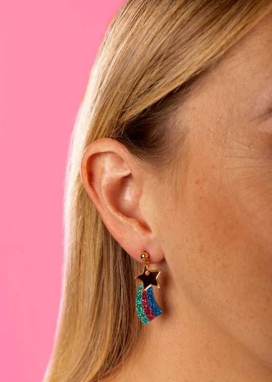Medium Gold Rainbow Holographic Glitter Acrylic Shooting Star Dangle Earrings or Necklace – Hypoallergenic Stainless Steel