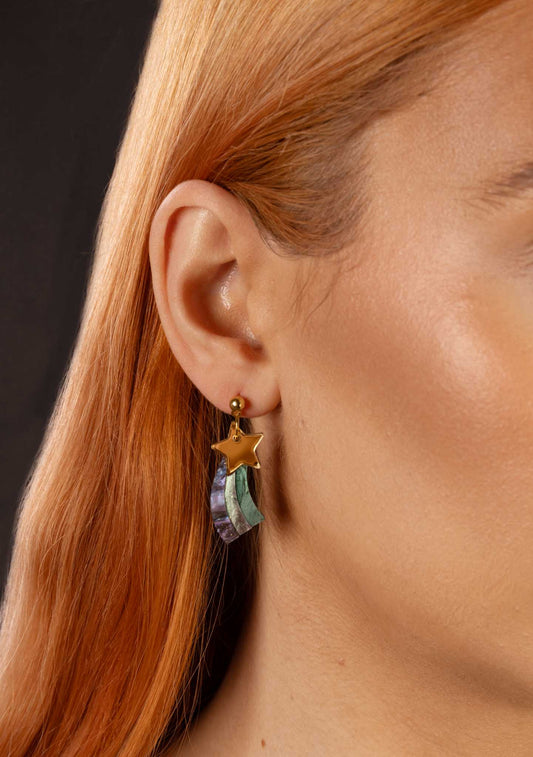 Medium Gold and Night Sky Marble Acrylic Shooting Star Dangle Earrings or Necklace – Hypoallergenic Stainless Steel